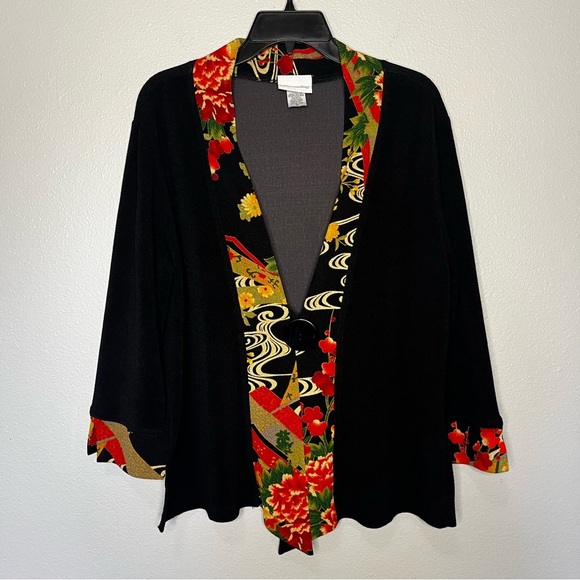Soft Surroundings Floral Trim Border Cardigan Button Medium Black 3/4 Sleeve - Picture 1 of 8